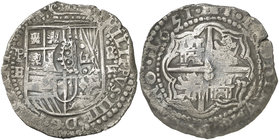 1651. Felipe IV. Potosí. E (Antonio de Ergueta). 8 reales. (Cal. 511 var) (Paoletti 249 sim). 23,94 g. Contramarca en anverso: F bajo corona, en círcu...