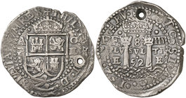 1652. Felipe IV. Potosí. E. 8 reales. (Cal. 404) (Lázaro A128, mismo ejemplar) (Paoletti 258 (tipo V de Mc Lean)). 27,11 g. Redonda. Tipo "real". Dobl...