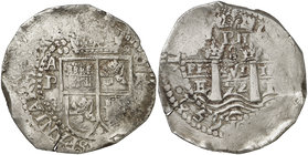 1652. Felipe IV. Potosí. E. 8 reales. (Cal. 433) (Paoletti 260 (tipo VIII de Mc Lean)). 27,59 g. Esta pieza debe considerarse híbrida: mantiene el anv...