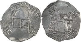 1652. Felipe IV. Potosí. E. 8 reales. (Falta en Calicó y Paoletti) (Mastalir tipo VII.2). 26,51 g. Rarísimo tipo de reverso, con HP y sin valor. Según...