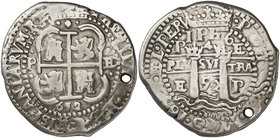 1652. Felipe IV. Potosí. E. 8 reales. (Falta en Calicó, Paoletti y Mastalir). 26,68 g. Muy redonda. Error: valor 4 en reverso. Triple fecha, una parci...