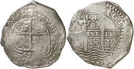 1653. Felipe IV. Potosí. E. 8 reales. (Cal. 437) (Paoletti 267). 27,32 g. Triple fecha, una parcial. MBC.