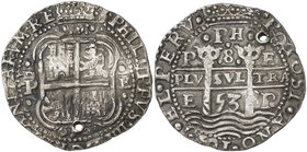 1653. Felipe IV. Potosí. E. 8 reales. (Cal. 410) (Lázaro 137, mismo ejemplar). 27,29 g. Redonda. Tipo "real". Triple fecha, la del anverso de tres díg...