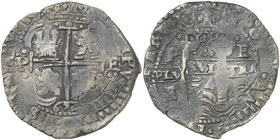 1654. Felipe IV. Potosí. E. 8 reales. (Cal. 438) (Paoletti 268). 25,81 g. Doble fecha. Oxidaciones marinas. Rara. (MBC).