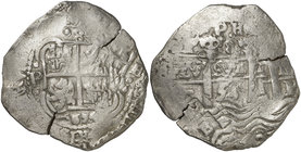 1654. Felipe IV. Potosí. E. 8 reales. (Cal. 438 var) (Paoletti 269). 28,08 g. Triple fecha. Doble acuñación, pero todos los detalles visibles. Dos gri...