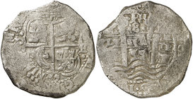 1655. Felipe IV. Potosí. E. 8 reales. (Cal. 139) (Paoletti 270). 27,79 g. Triple fecha, dos parciales. MBC-.