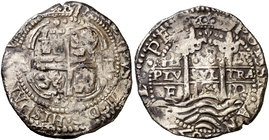 1655. Felipe IV. Potosí. E. 8 reales. Falta en todas las obras de referencia. 26,60 g. Sin PH sobre las columnas, en su lugar una granada esquemática....