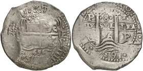 1656. Felipe IV. Potosí. E. 8 reales. (Cal. 441) (Paoletti 277). 27,92 g. Triple fecha, una parcial. MBC.