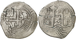 1657/5. Felipe IV. Potosí. E. 8 reales. (Falta en Cal. y Paoletti). 26,51 g. Doble fecha, la de reverso rectificada sobre 55. MBC-.