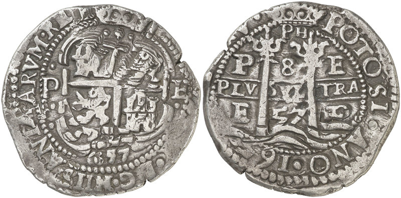 1657. Felipe IV. Potosí. E. 8 reales. (Cal. falta) (Paoletti 278). 25,95 g. Trip...
