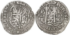 1657. Felipe IV. Potosí. E. 8 reales. (Cal. falta) (Paoletti 278). 25,95 g. Triple fecha. Acuñación especial, muy redonda. Rara así. MBC+.