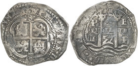 1657. Felipe IV. Potosí. E. 8 reales. (Cal. falta) (Paoletti 280). 26,08 g. Triple fecha, una parcial. Muy rara con ensayador a izquierda. MBC-.