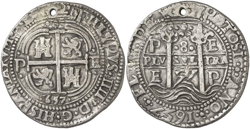 1657. Felipe IV. Potosí. E. 8 reales. (Cal. 418) (Lázaro 149). 26,73 g. Redonda....