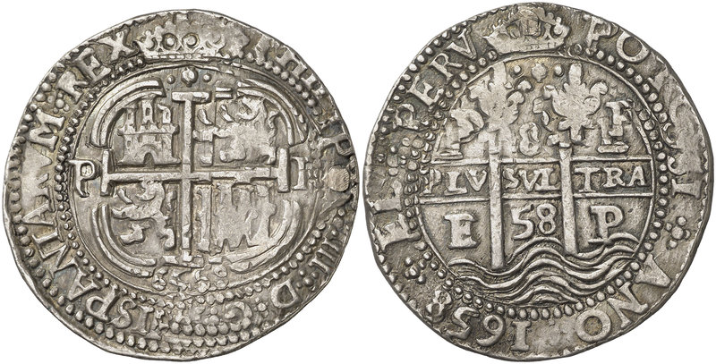 1658. Felipe IV. Potosí. E. 8 reales. (Cal. 420) (Lázaro 157). 26,67 g. Redonda....