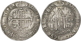 1658. Felipe IV. Potosí. E. 8 reales. (Cal. 420) (Lázaro 157). 26,67 g. Redonda. Tipo "real". Triple fecha. Agujero tapado. Bella. Ex Colección Casano...