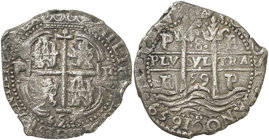 1659. Felipe IV. Potosí. E. 8 reales. (Cal. 447) (Paoletti 286). 26,42 g. Triple fecha. Muy atractiva. Ex Colección Balsach. Ejemplar de la futura edi...