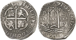 1660. Felipe IV. Potosí. E. 8 reales. (Cal. 423) (Lázaro 161A, mismo ejemplar). 25,88 g. Redonda. Tipo "real". Triple fecha. Valor 8 sin puntos. Cospe...