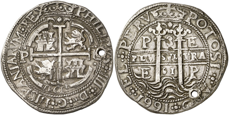 1661. Felipe IV. Potosí. E. 8 reales. (Cal. 424) (Lázaro 165). 26,97 g. Redonda....