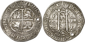 1661. Felipe IV. Potosí. E. 8 reales. (Cal. 424) (Lázaro 165). 26,97 g. Redonda. Tipo "real". Triple fecha. Valor 8 sin puntos. Perforación. Bella. Ex...