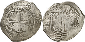 1663. Felipe IV. Potosí. E. 8 reales. (Cal. 452) (Paoletti 291). 28,18 g. Doble fecha, la del anverso de dos dígitos. MBC-.