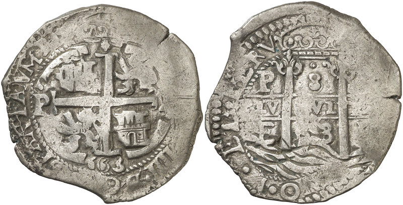 1663. Felipe IV. Potosí. E. 8 reales. (Cal. 452) (Paoletti 291 var). 25,50 g. Do...