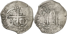 1663. Felipe IV. Potosí. E. 8 reales. (Cal. 452) (Paoletti 291 var). 25,50 g. Doble fecha, la del anverso de tres dígitos. MBC-.