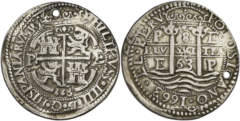 1663. Felipe IV. Potosí. E. 8 reales. (Cal. 427) (Lázaro 169). 27,11 g. Redonda....