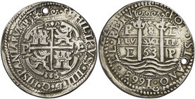 1663. Felipe IV. Potosí. E. 8 reales. (Cal. 427) (Lázaro 169). 27,11 g. Redonda. Tipo "real". Triple fecha. Perforación. Bella. Ex Áureo 20/12/2000, n...