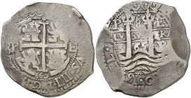 1665. Felipe IV. Potosí. E. 8 reales. (Cal. 454) (Paoletti 293). 26,34 g. Triple fecha, una parcial. MBC+.