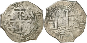 1666. Felipe IV. Potosí. E. 8 reales. (Cal. 455) (Paoletti 295). 25,50 g. Doble fecha, la del anverso de tres dígitos. MBC-.