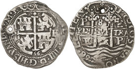 1666. Felipe IV. Potosí. E. 8 reales. (Cal. 455) (Paoletti 295 var). 24,41 g. Triple fecha, la del anverso de dos dígitos. Acuñación especial, muy cui...
