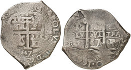 1667. Carlos II. Potosí. E. 8 reales. (Cal. 342) (Paoletti 296). 24,94 g. Triple fecha, todas completas. MBC.