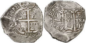 1669. Carlos II. Potosí. E. 8 reales. (Cal. 344 var) (Paoletti 298 var). 27,33 g. Doble fecha. Rara. MBC.