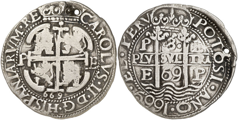 1669. Carlos II. Potosí. E. 8 reales. (Cal. 305) (Lázaro 181). 26,42 g. Redonda....
