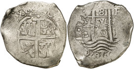 1670. Carlos II. Potosí. E. 8 reales. (Cal. 345) (Paoletti 299). 25,48 g. Doble fecha. Ex Áureo 15/10/1996, nº 400. MBC-.