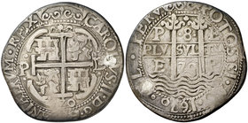 1670. Carlos II. Potosí. E. 8 reales. (Cal. 306) (Lázaro 183). 26,27 g. Redonda. Tipo "real". Triple fecha. Agujero tapado. Muy rara. MBC+.