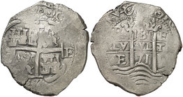 1671. Carlos II. Potosí. E. 8 reales. (Cal. 346) (Paoletti 300). 26,88 g. Doble fecha. MBC-.