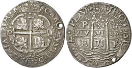 1671. Carlos II. Potosí. E. 8 reales. (Cal. 307) (Lázaro 186). 27,91 g. Redonda. Tipo "real". Triple fecha. Perforación. Bella. Muy rara y más así. EB...
