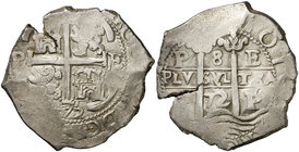 1672. Carlos II. Potosí. E. 8 reales. (Cal. 347) (Paoletti 301). 27,03 g. Doble fecha. MBC.