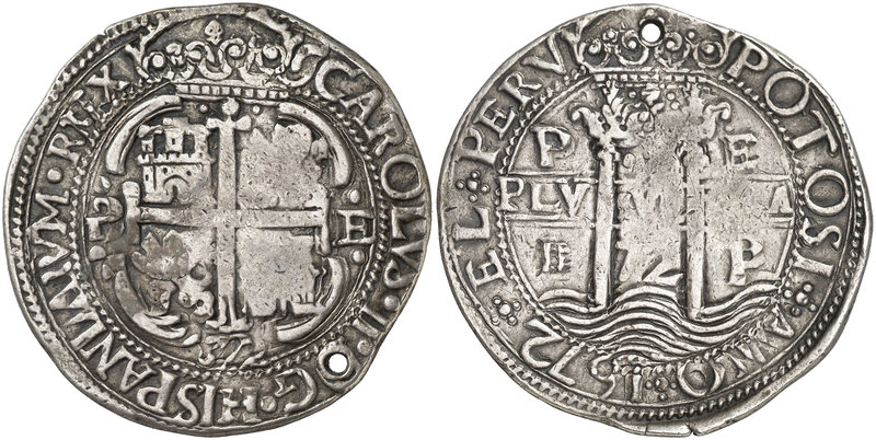 1672. Carlos II. Potosí. E. 8 reales. (Cal. 308) (Lázaro 189). 26,80 g. Redonda....