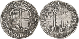 1672. Carlos II. Potosí. E. 8 reales. (Cal. 308) (Lázaro 189). 26,80 g. Redonda. Tipo "real". Triple fecha. "E" muy pequeña en el 7º cuadrante en reve...