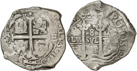 1673. Carlos II. Potosí. E. 8 reales. (Cal. 348) (Paoletti 302). 25,76 g. Esta fecha es escasa. BC+.