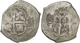 1675. Carlos II. Potosí. E. 8 reales. (Cal. 350) (Paoletti 304). 28,19 g. Doble fecha, una parcial. BC+.