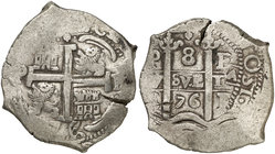 1676. Carlos II. Potosí. E. 8 reales. (Cal. 355) (Paoletti 305). 26 g. Doble fecha. MBC-.
