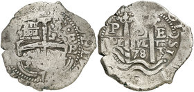 1678. Carlos II. Potosí. E. 8 reales. (Cal. 354) (Paoletti 308). 25,85 g. Doble fecha, una parcial. BC+.