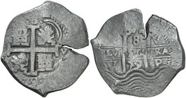 1679. Carlos II. Potosí. V (Pedro de Villar). 8 reales. (Cal. 359) (Paoletti 313). 24,23 g. Doble fecha. Oxidaciones marinas. (MBC-).