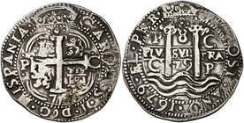 1679. Carlos II. Potosí. C (Manuel de Cecas). 8 reales. (Cal. 315) (Lázaro 199). 25,90 g. Redonda. Tipo "real". Triple fecha. Perforación reparada. Ex...