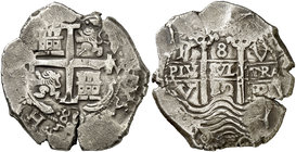 1680. Carlos II. Potosí. V. 8 reales. (Cal. 361) (Paoletti 314). 27,48 g. Doble fecha. MBC-.