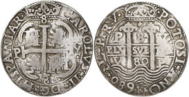 1680. Carlos II. Potosí. V. 8 reales. (Cal. 316) (Lázaro 201). 23,56 g. Redonda. Tipo "real". Triple fecha. Valor 8 sobre la cruz en anverso. Triple f...