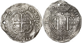 1682. Carlos II. Potosí. V. 8 reales. (Cal. 318) (Lázaro 207A, mismo ejemplar). 24,53 g. Redonda. Tipo "real". Triple fecha. Flan grande y ligeramente...